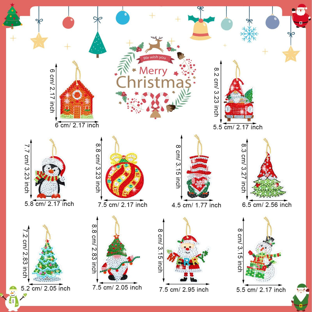 Diamond art Christmas ornaments including a house, penguin, ornament ball, gnomes, Santa, snowman, and Christmas tree, with dimensions shown.