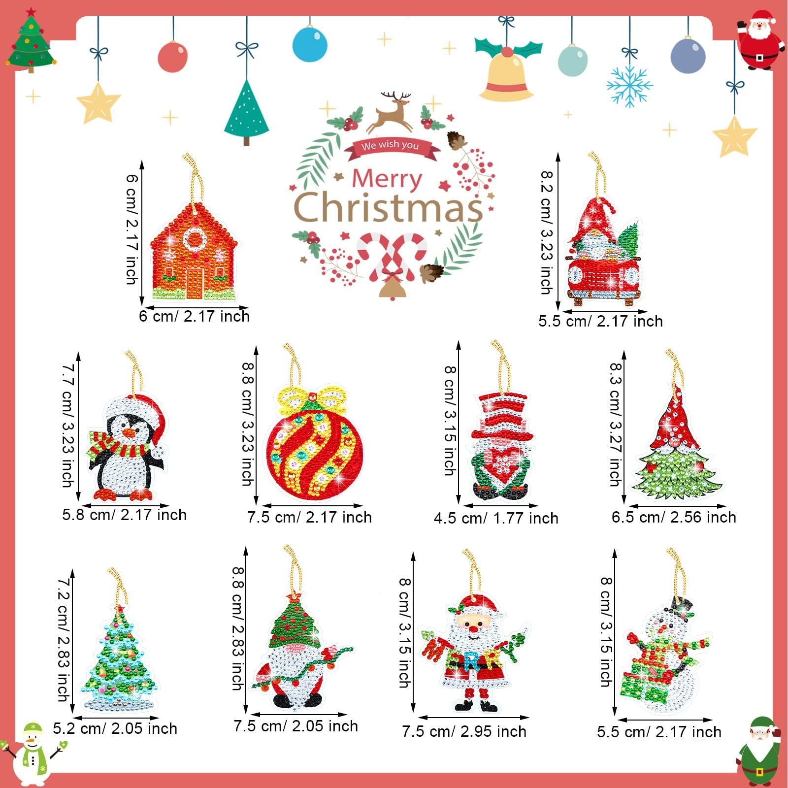 Diamond art Christmas ornaments including a house, penguin, ornament ball, gnomes, Santa, snowman, and Christmas tree, with dimensions shown.