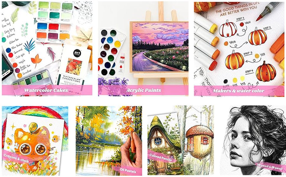 Collage of art supplies and artwork including watercolor cakes, acrylic paints, markers, oil pastels, colored pencils, and pencil sketches.