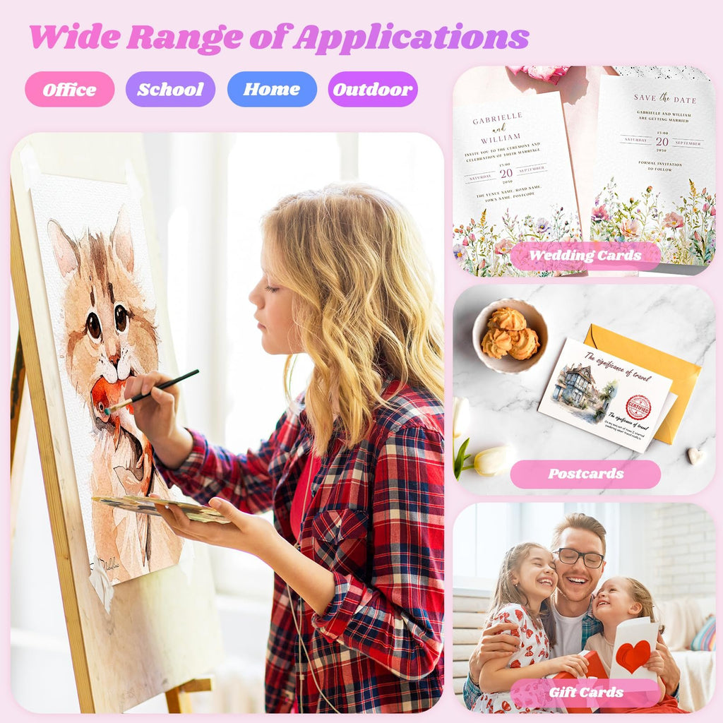 Young girl painting a cat on an easel, with examples of wedding cards, postcards, and gift cards displayed around her.