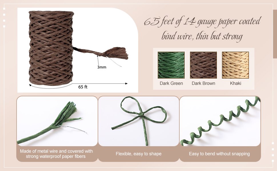 Roll of dark brown floral bind wire with dimensions and color swatches of available colors: dark green, dark brown, and khaki.