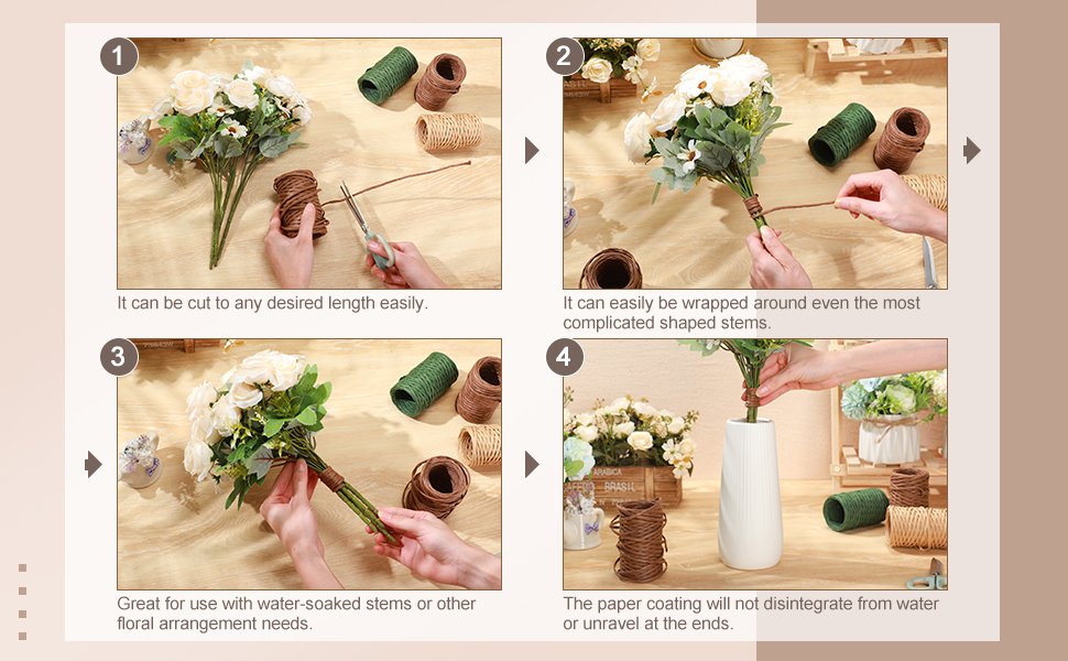 Collage showing four steps of using floral wire to wrap bouquet stems, with text descriptions for each step.