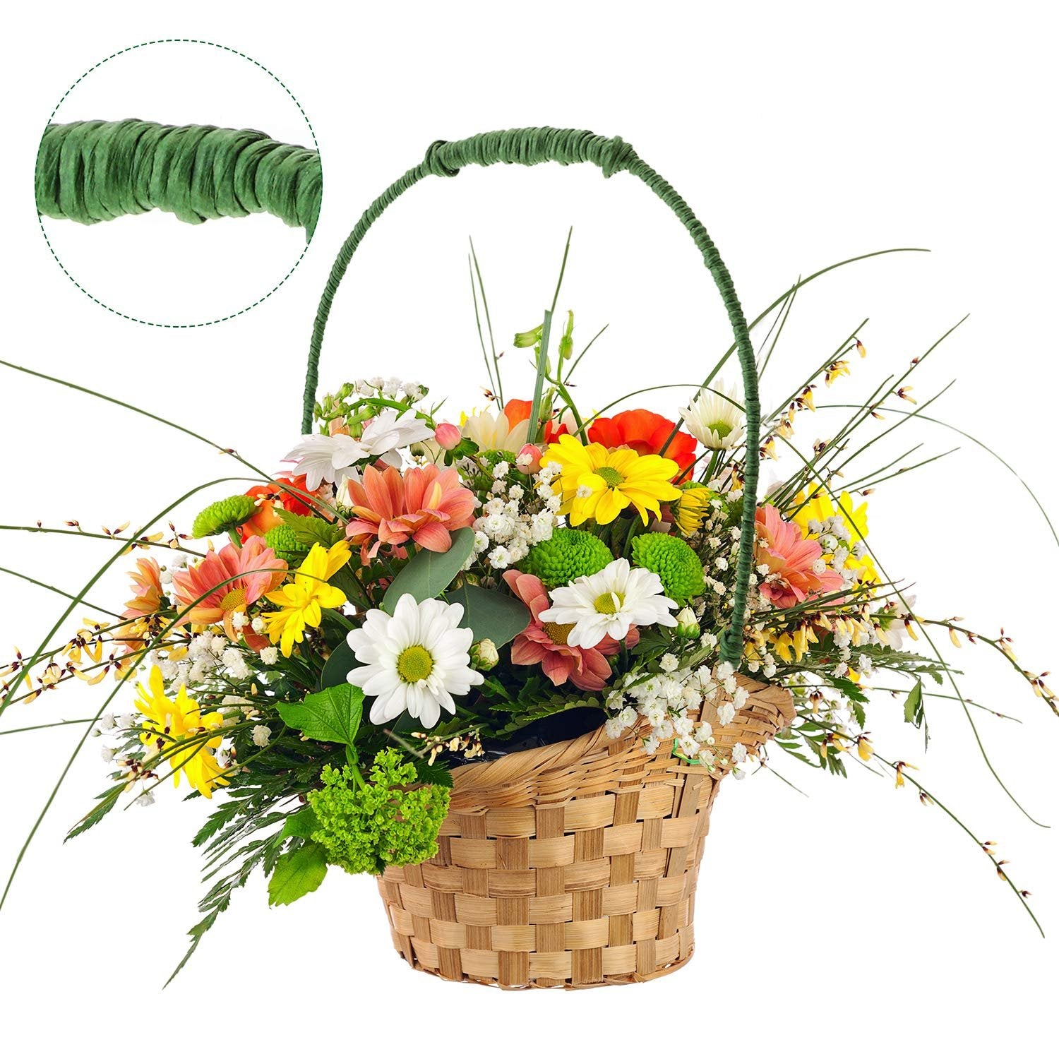 Floral arrangement in a woven basket with a close-up inset of dark green floral wire