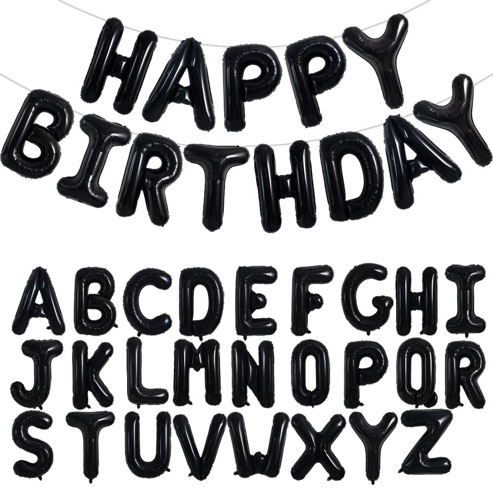 Black foil letter balloons spelling "HAPPY BIRTHDAY" and the full alphabet A-Z