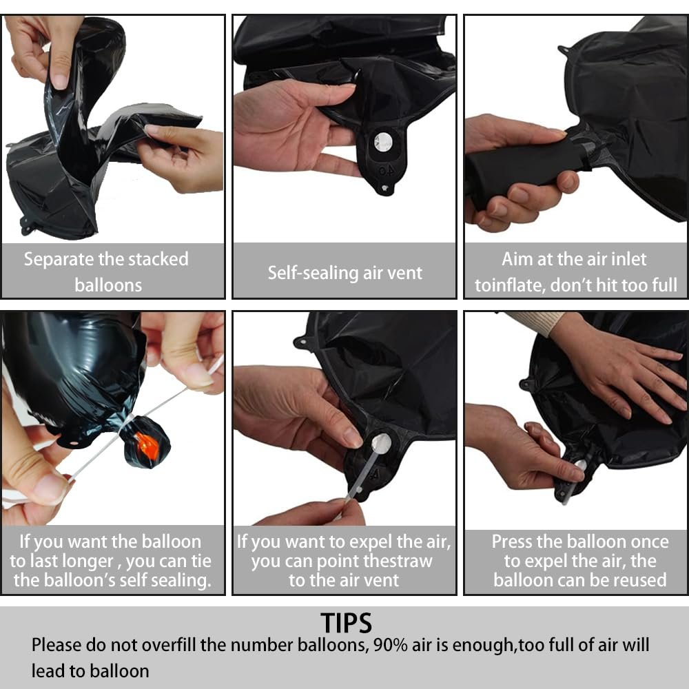 Instructions for inflating and deflating black foil balloons, showing self-sealing vents and tips.