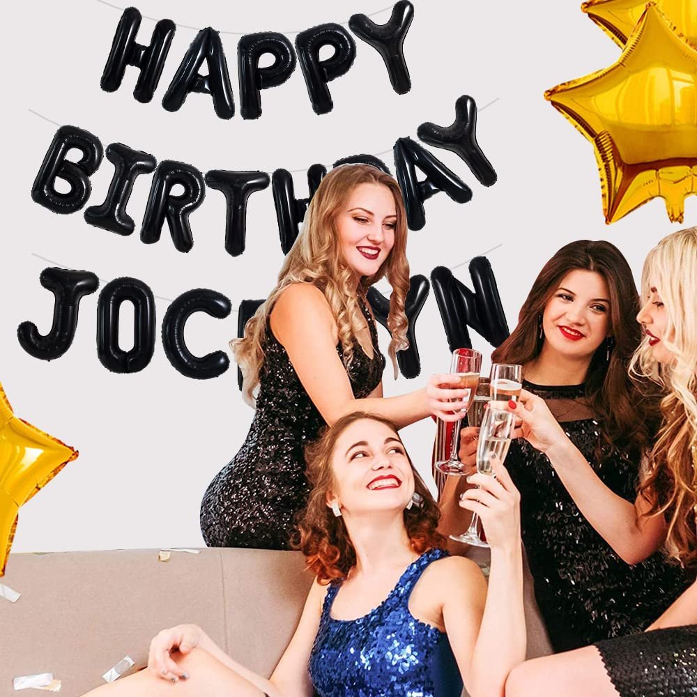 Four women celebrating with champagne, with black foil balloons spelling 'HAPPY BIRTHDAY JOCELYN' and gold star balloons in the background.