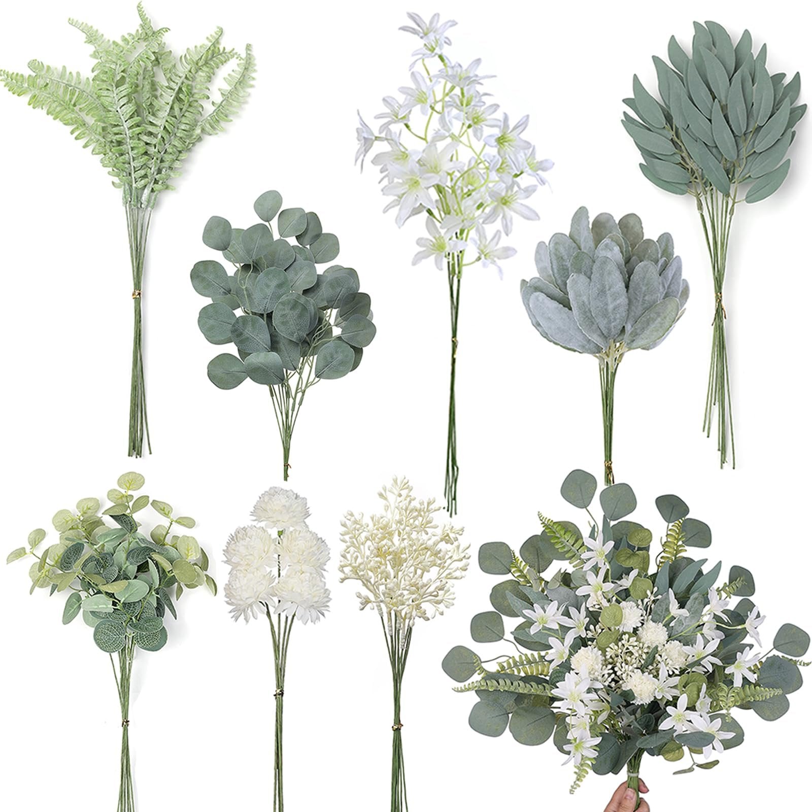 Collection of artificial greenery stems and white flowers arranged on a white background.