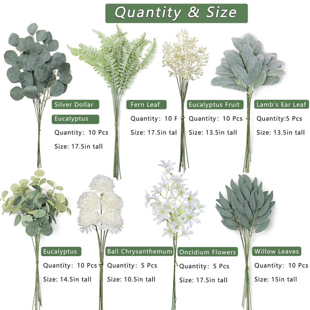 Assortment of artificial greenery stems including eucalyptus, fern, and flowers, with quantity and size labels.