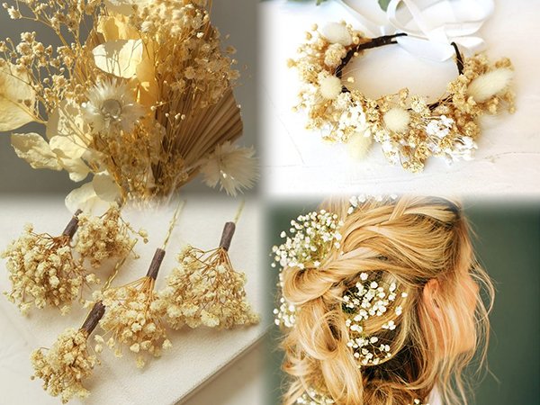 Collage of dried baby's breath flowers: bouquet, floral crown, hairpins, and hair accessory.