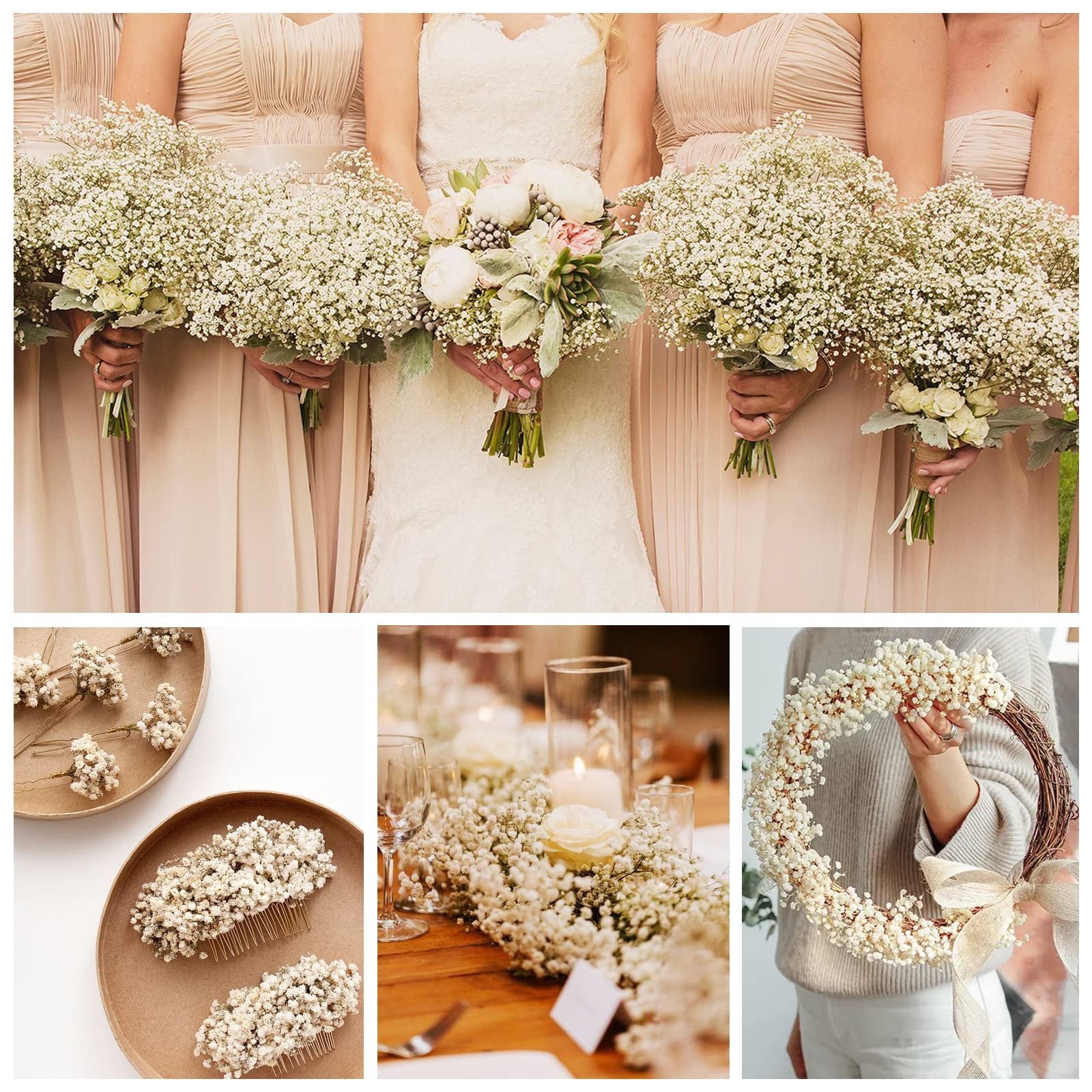Collage of dried baby's breath flowers used in bouquets, hair accessories, table decor, and a wreath.