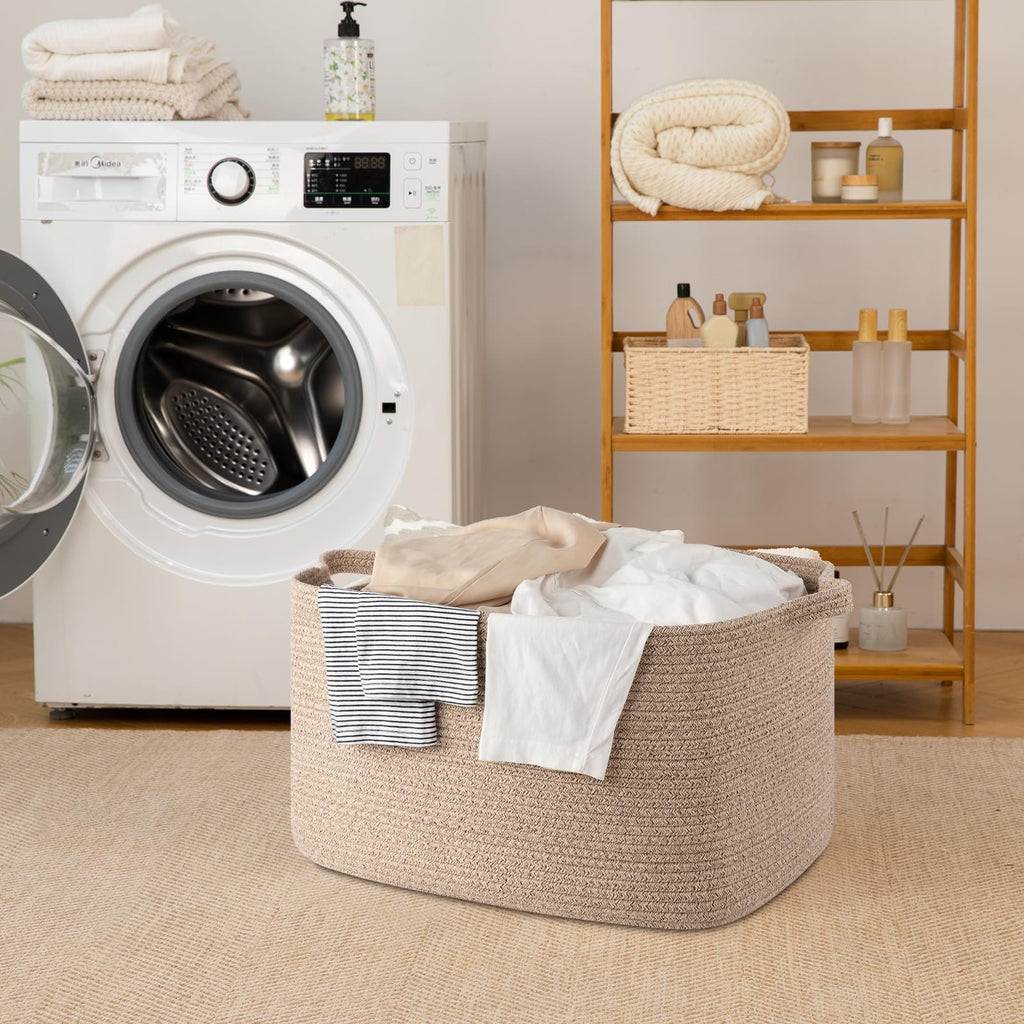 Large woven rope basket filled with laundry next to a washing machine and wooden shelf