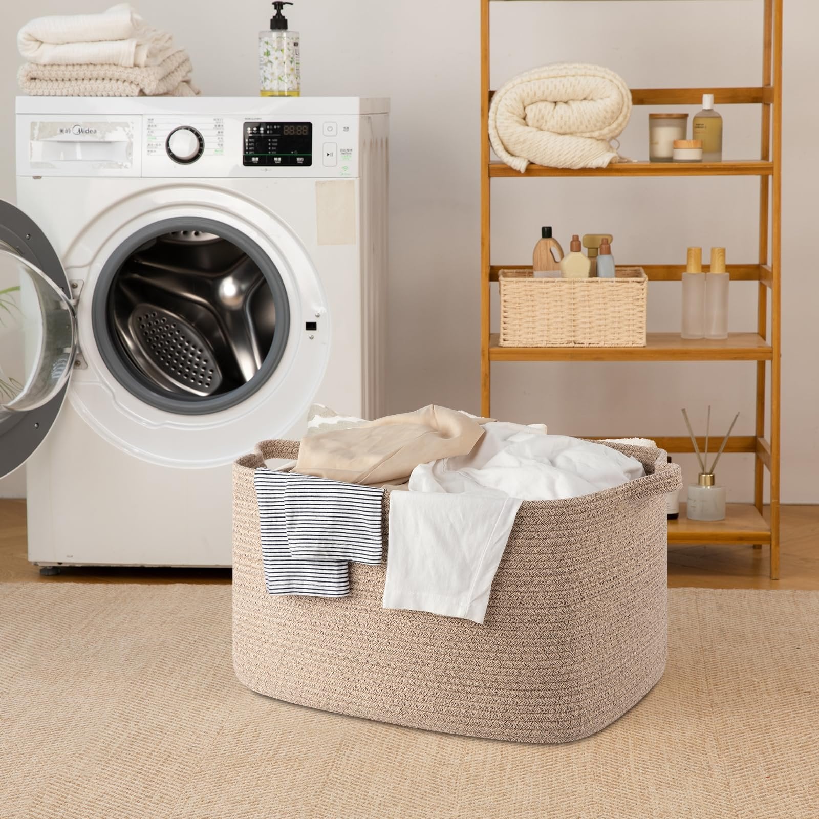 Large woven rope basket filled with laundry next to a washing machine and wooden shelf