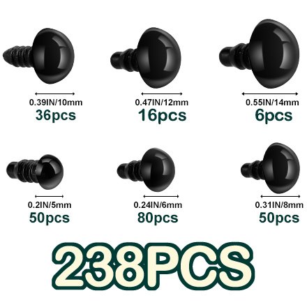 Six black plastic safety eyes of varying sizes, each with dimensions and quantity indicated below.