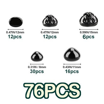 Set of black plastic safety eyes and noses in various sizes with dimensions and quantities labeled.