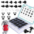Black plastic safety eyes and noses with washers in a divided storage case, with a crochet bunny toy.