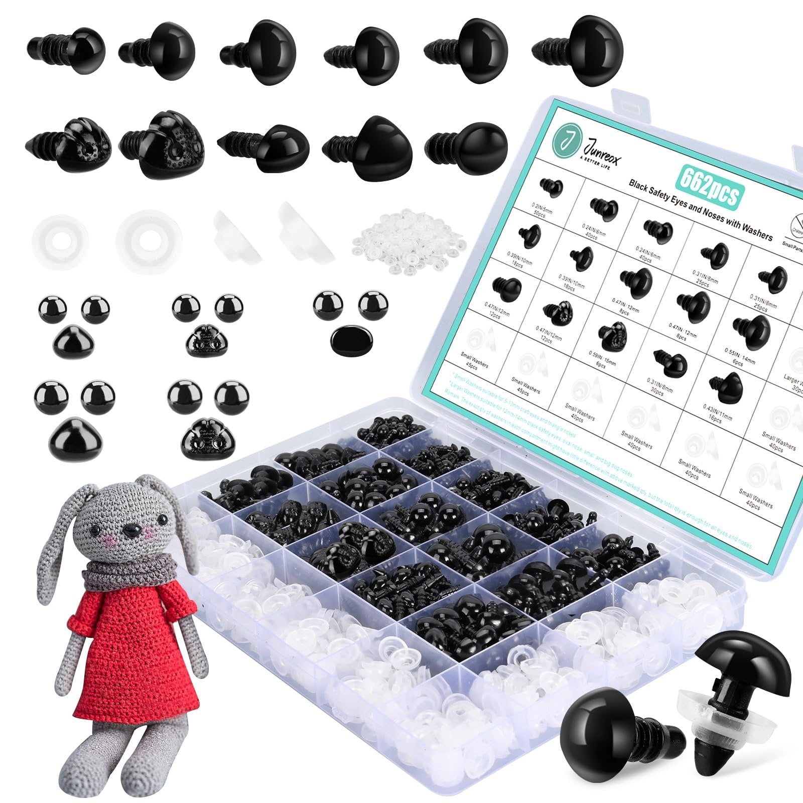 Black plastic safety eyes and noses with washers in a divided storage case, with a crochet bunny toy.