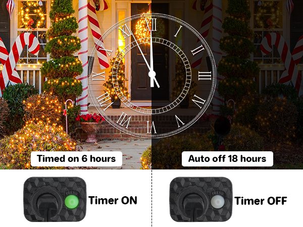 Christmas lights on a house exterior with a clock overlay and timer controls shown below