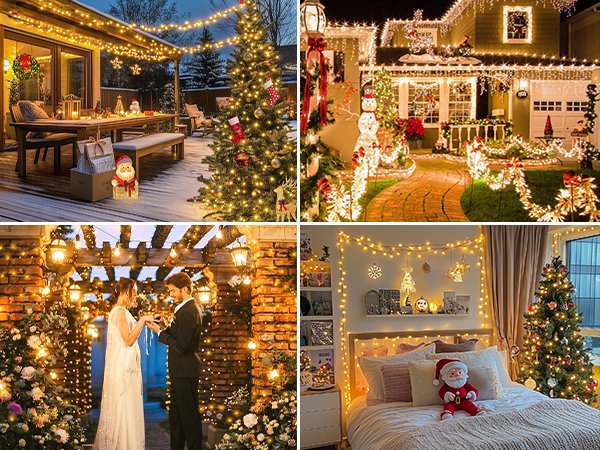 Collage of four scenes showing warm white Christmas string lights used for decoration indoors and outdoors.