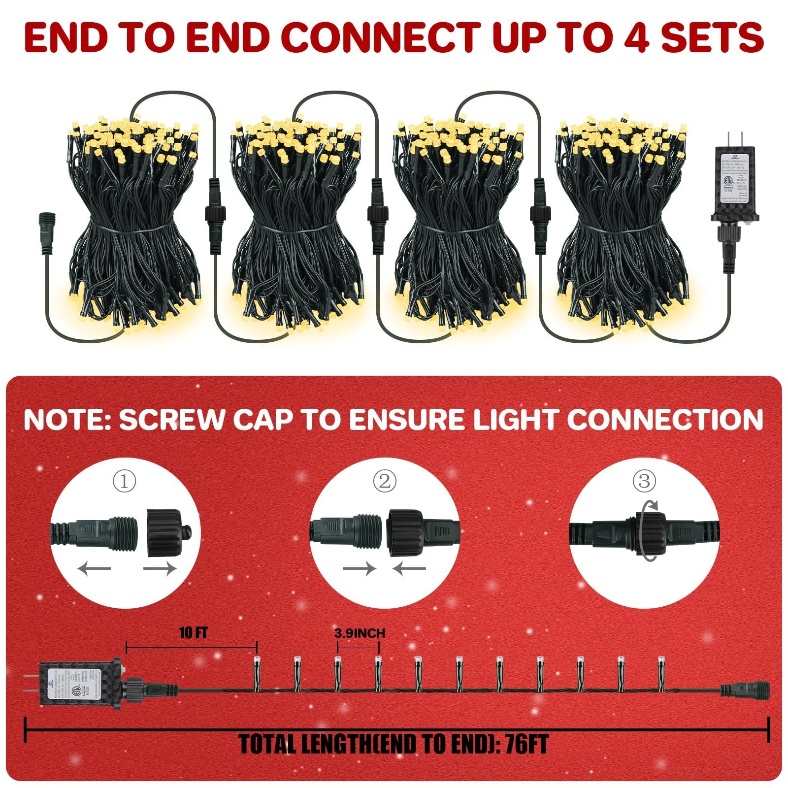 Four bundles of warm white LED Christmas string lights with connectors, shown connected end-to-end, with instructions on connecting.
