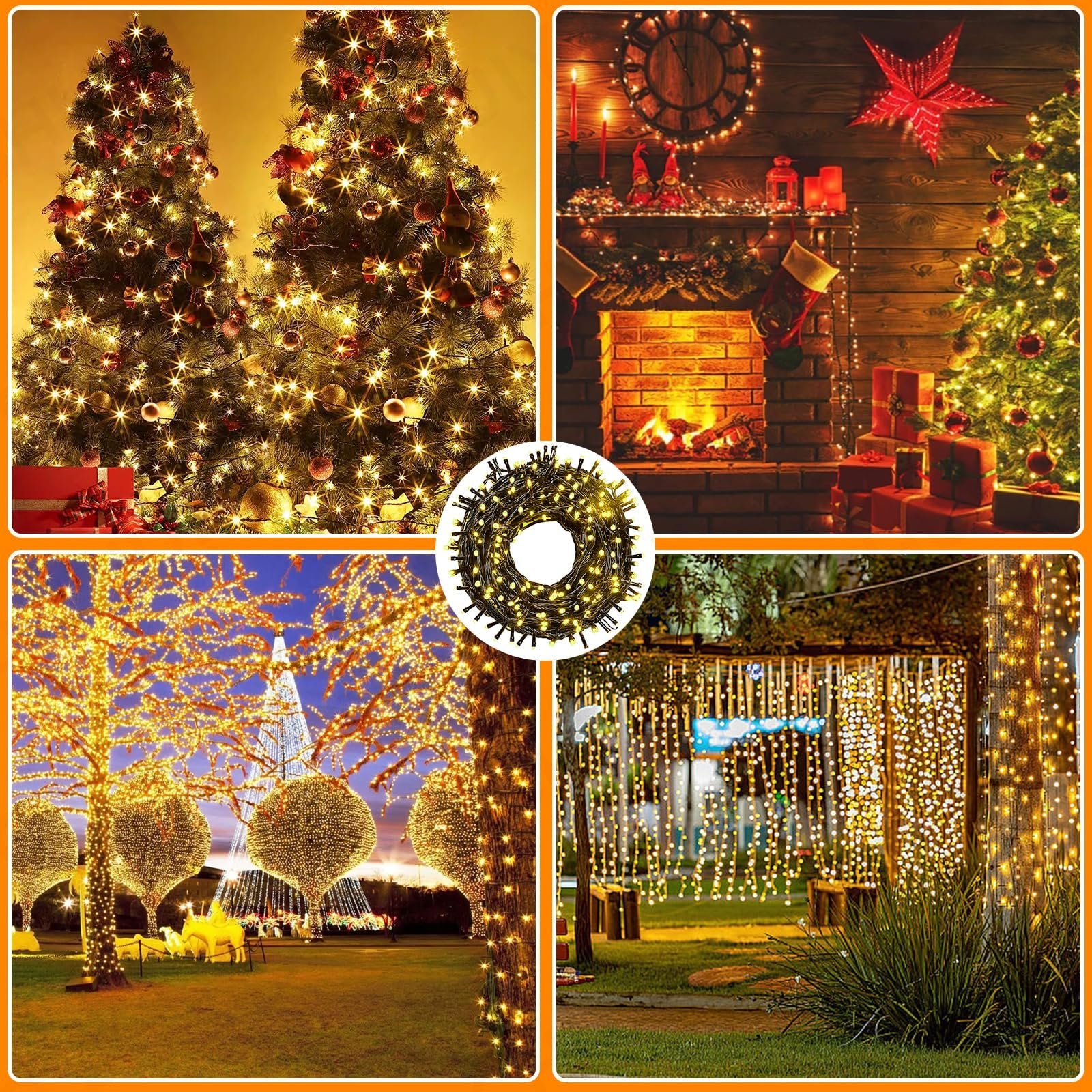 Collage of Christmas string lights decorating trees, a fireplace, and outdoor spaces.