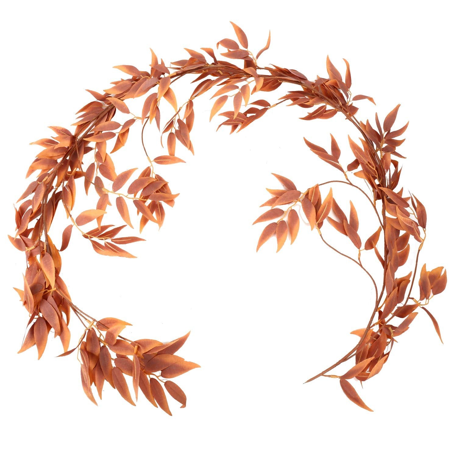 Curved artificial brown leaf garland on a white background, showing detailed leaves and flexible vine structure.