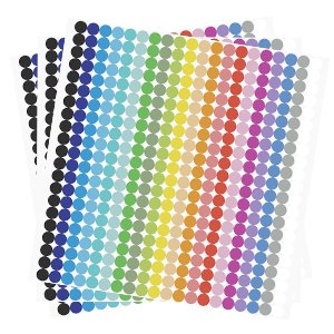 Sheets of quarter-inch round dot stickers in 20 colors, fanned out