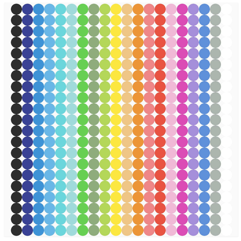Sheet of 6720 quarter-inch round dot stickers in 20 assorted colors, arranged in rows and columns.