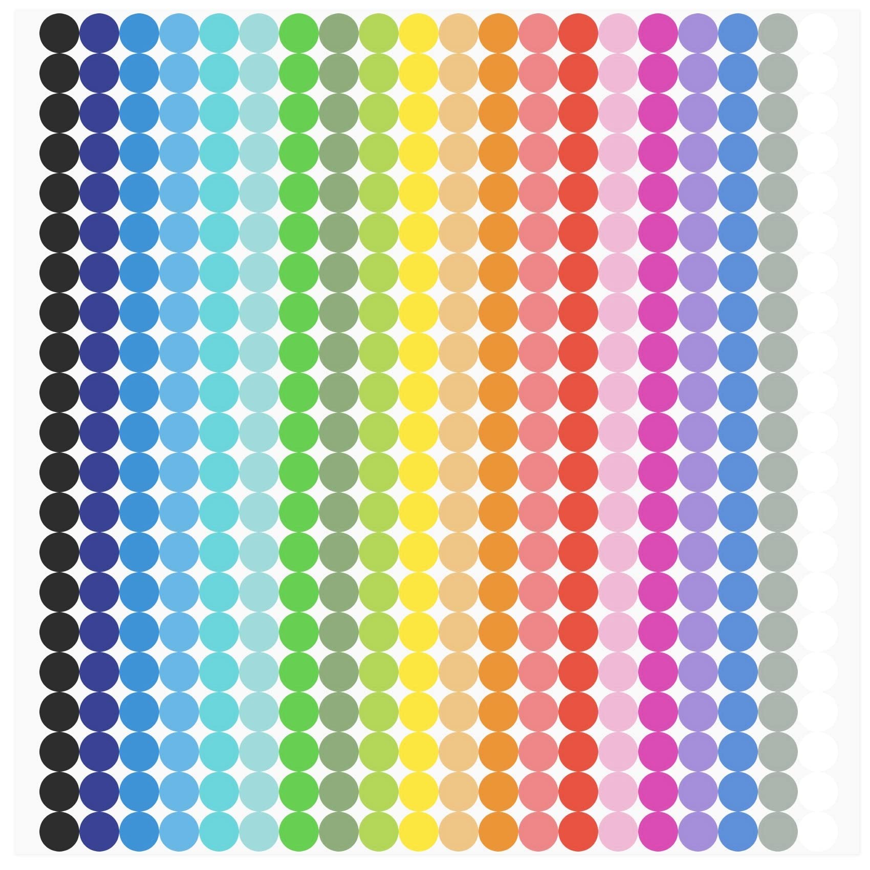 Sheet of 6720 quarter-inch round dot stickers in 20 assorted colors, arranged in rows and columns.