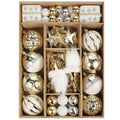 Set of 68 white and gold Christmas ball ornaments in a cardboard organizer box, featuring assorted finishes and two gnome figures.