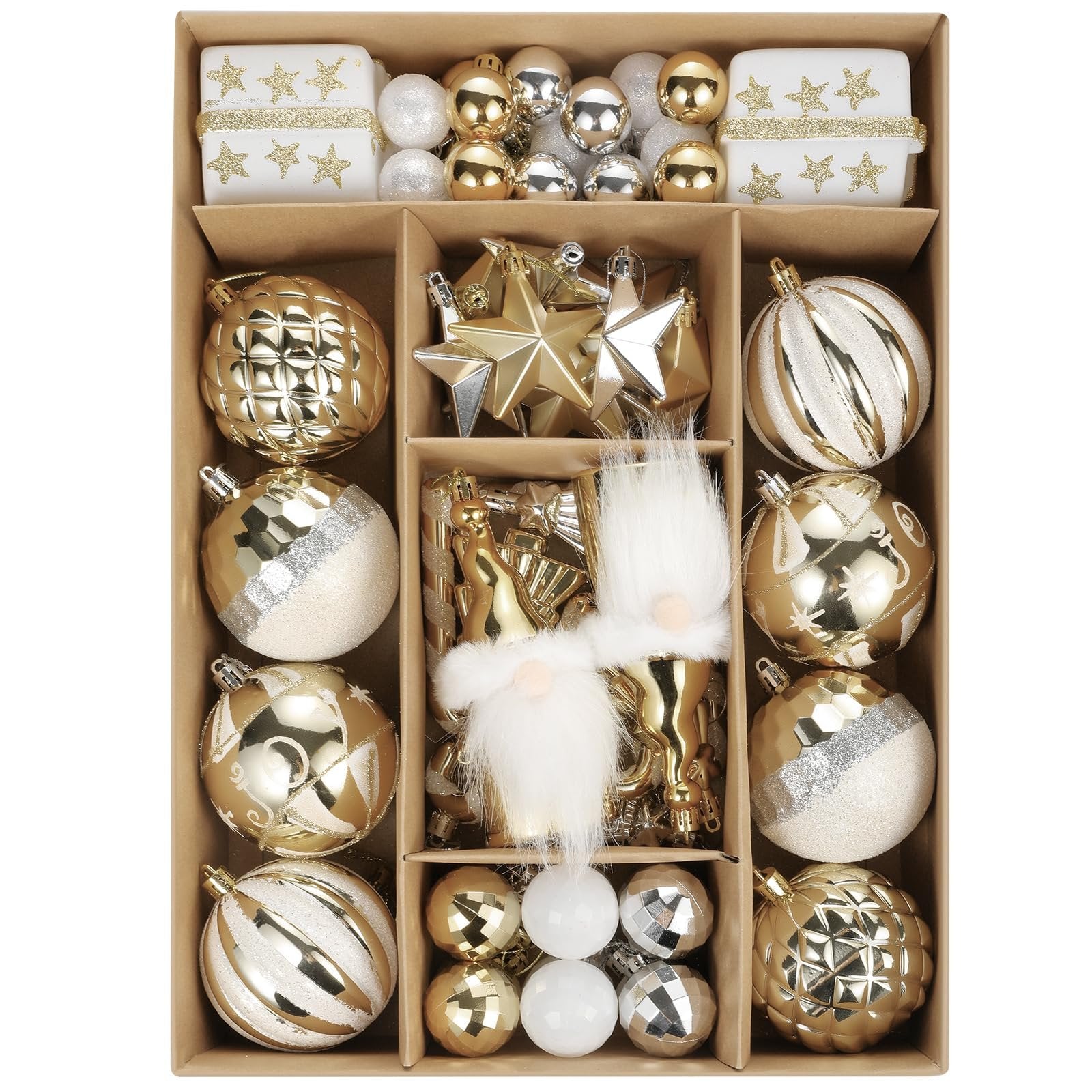Set of 68 white and gold Christmas ball ornaments in a cardboard organizer box, featuring assorted finishes and two gnome figures.