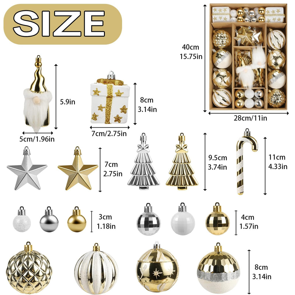 White and gold Christmas ornaments including a gnome, gift box, stars, trees, candy cane, and various baubles with size dimensions.