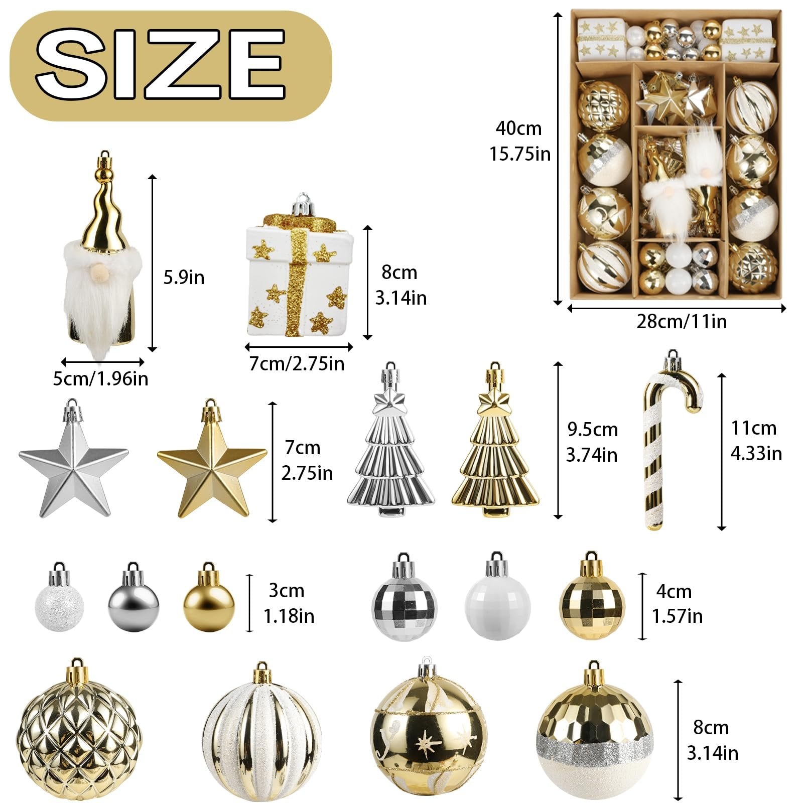 White and gold Christmas ornaments including a gnome, gift box, stars, trees, candy cane, and various baubles with size dimensions.