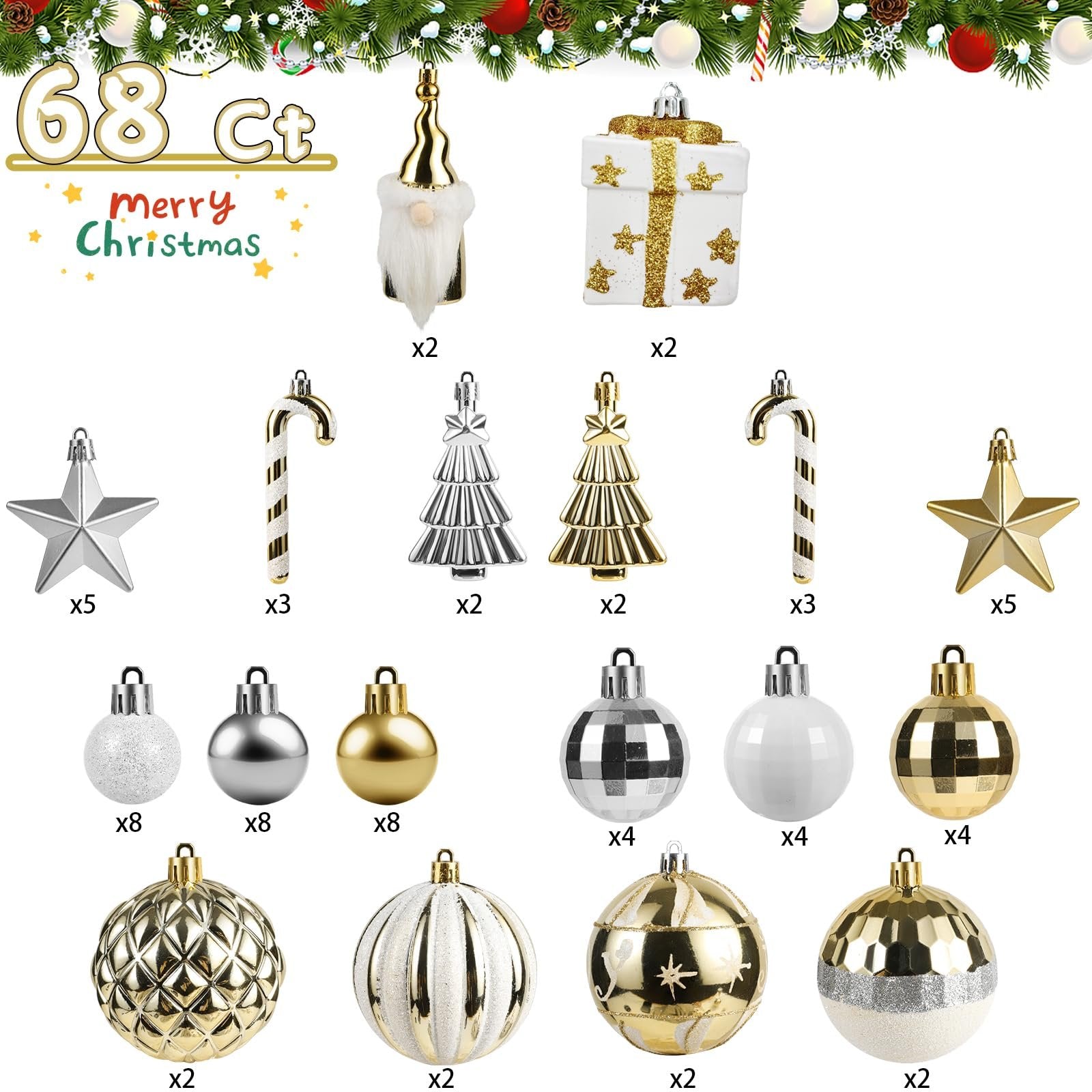 Set of 68 white and gold Christmas ornaments including gnomes, gift boxes, stars, candy canes, trees, and assorted baubles.