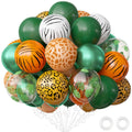 A bouquet of jungle safari themed balloons with animal prints and tropical leaves, including tiger stripes, giraffe spots, leopard spots, and clear balloons with foliage.