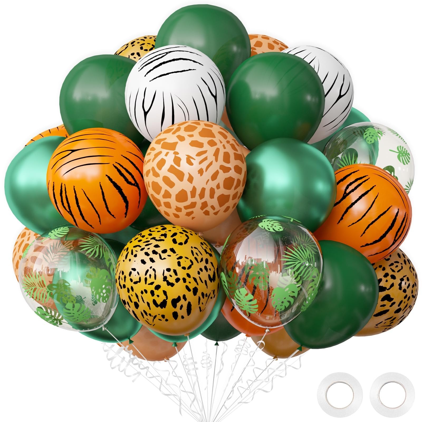 A bouquet of jungle safari themed balloons with animal prints and tropical leaves, including tiger stripes, giraffe spots, leopard spots, and clear balloons with foliage.