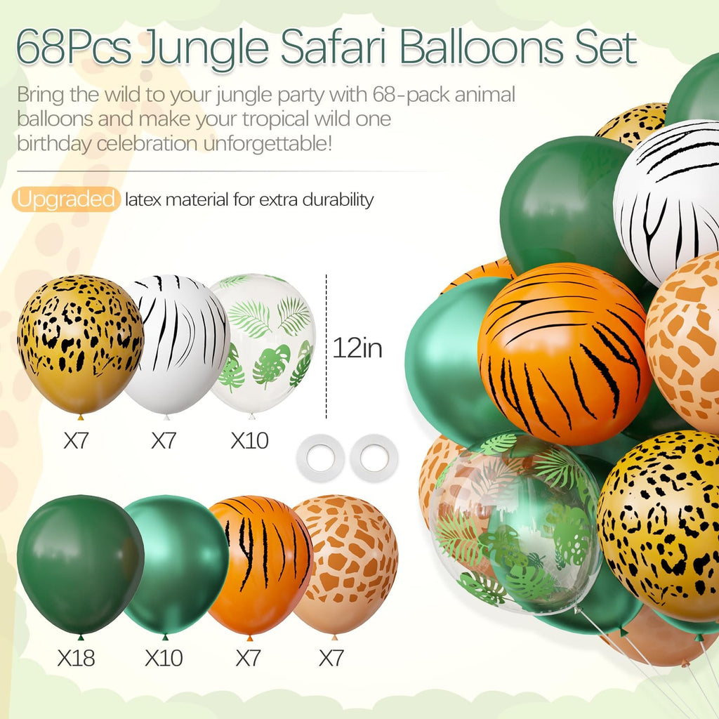 Jungle safari themed balloons including animal prints and tropical leaves, with quantity labels and size indicator.