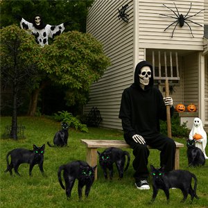 Halloween yard decorations including black cat silhouettes, a grim reaper figure, and a ghost with pumpkins on a lawn.