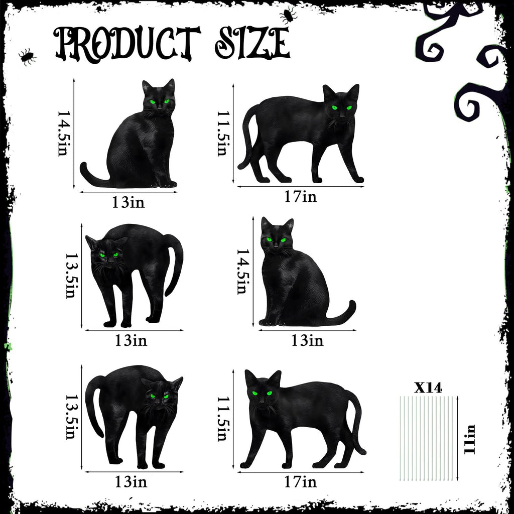 Six black cat silhouette yard signs with dimensions and stakes shown, Halloween decor.