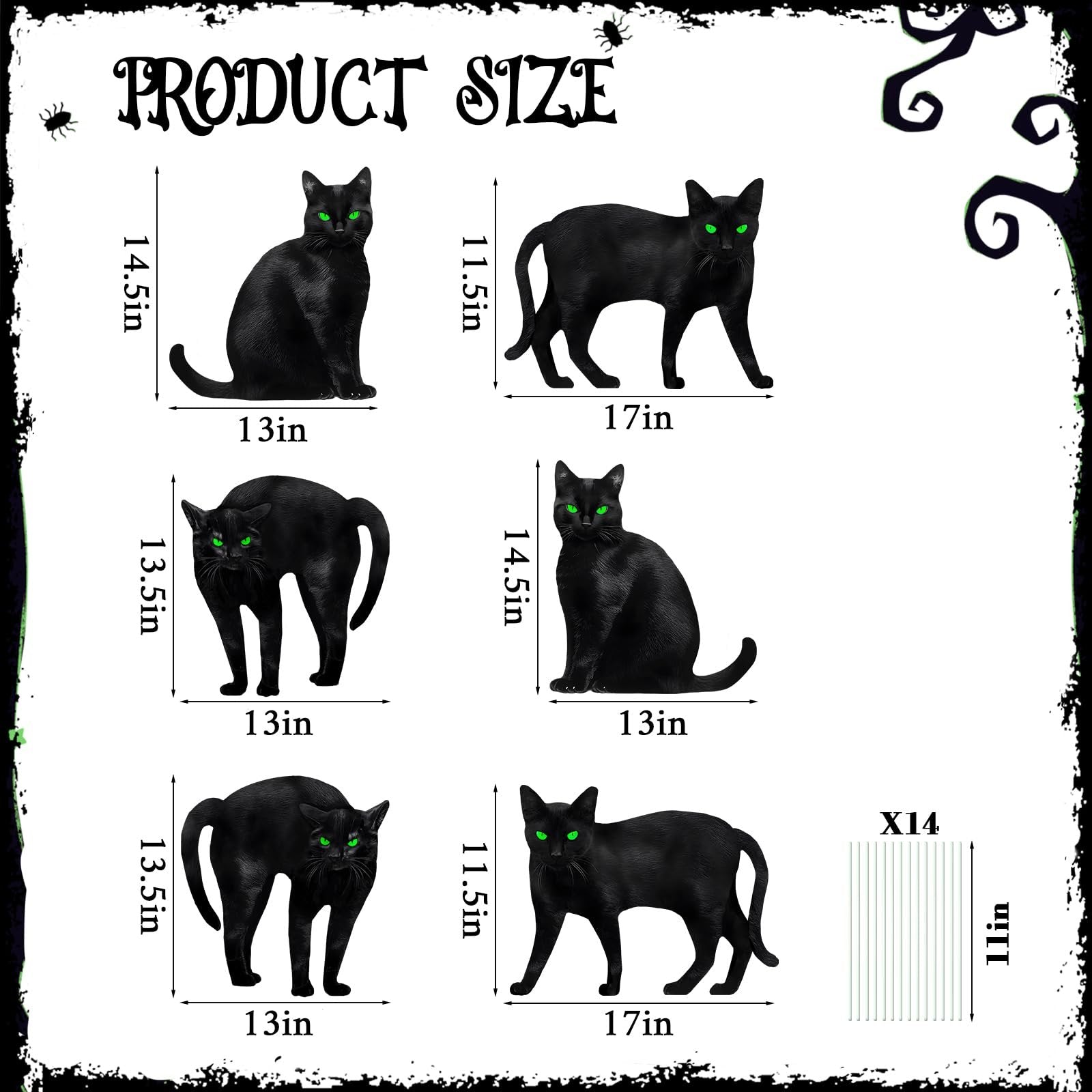 Six black cat silhouette yard signs with dimensions and stakes shown, Halloween decor.