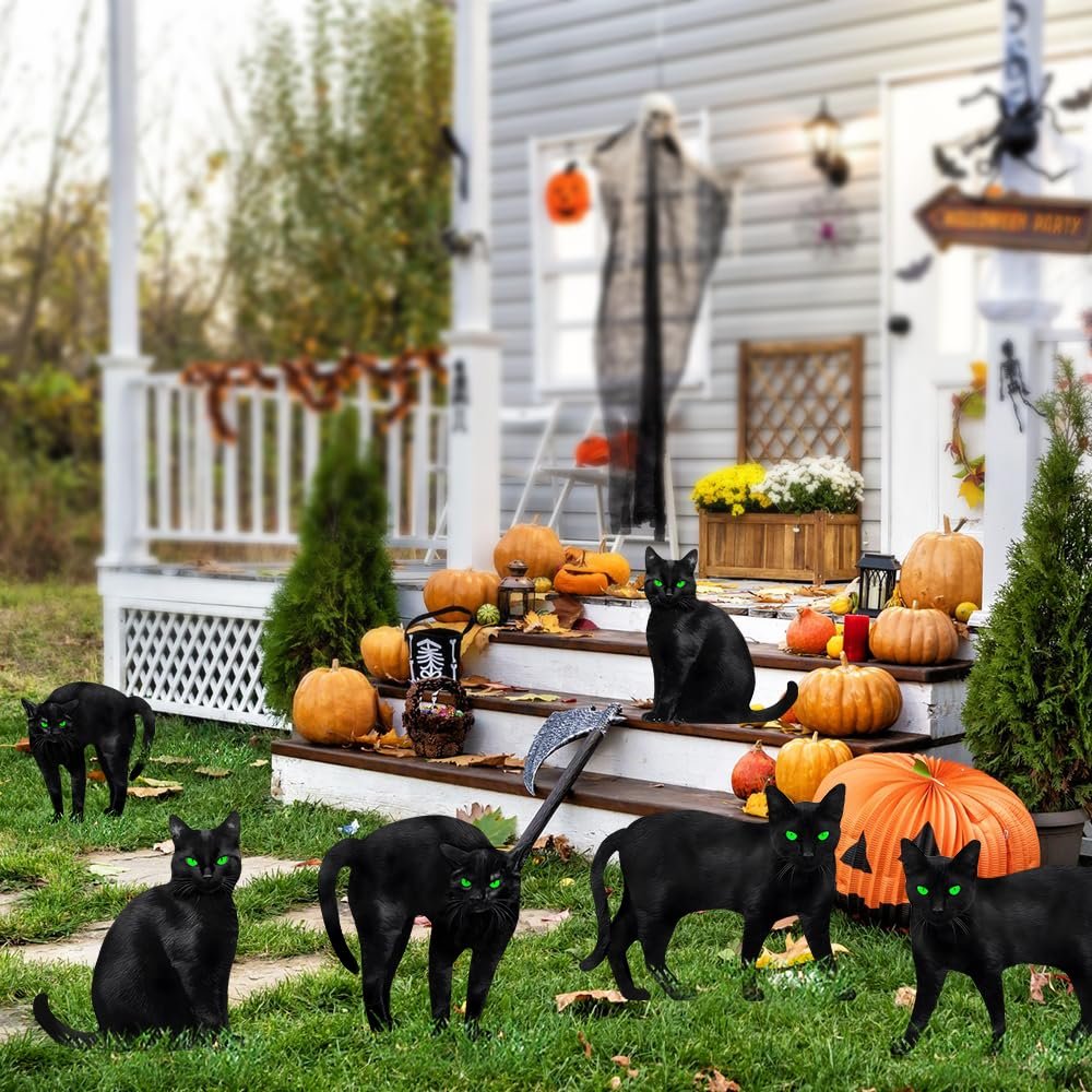 Six black cat silhouette yard signs with green eyes are placed on a lawn and porch steps decorated for Halloween with pumpkins and a skeleton figure.