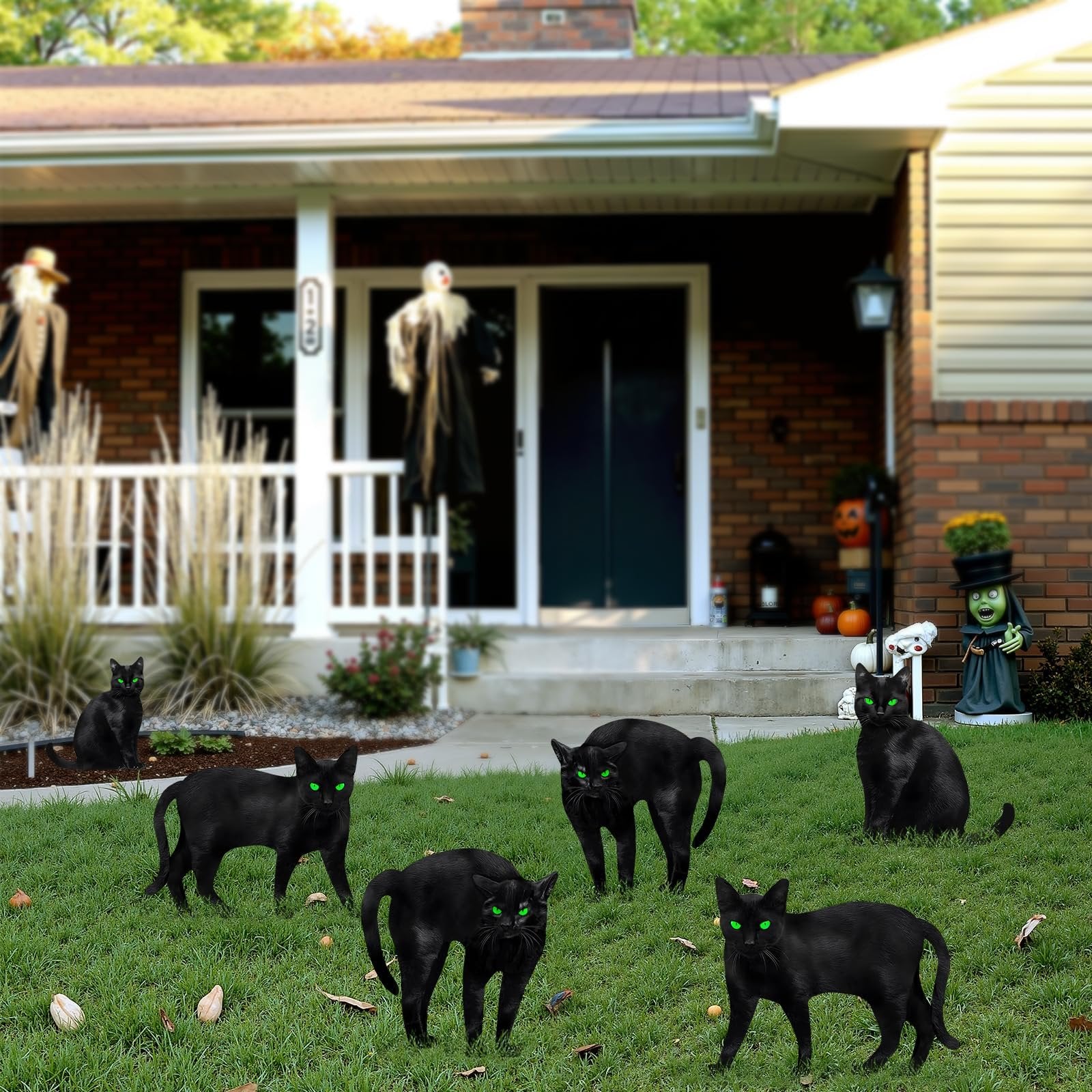 Six black cat silhouette yard signs with glowing green eyes arranged on a lawn in front of a house decorated for Halloween.