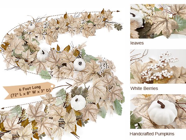 Autumn garland with maple leaves, white pumpkins, and white berries, showing dimensions and detail shots.
