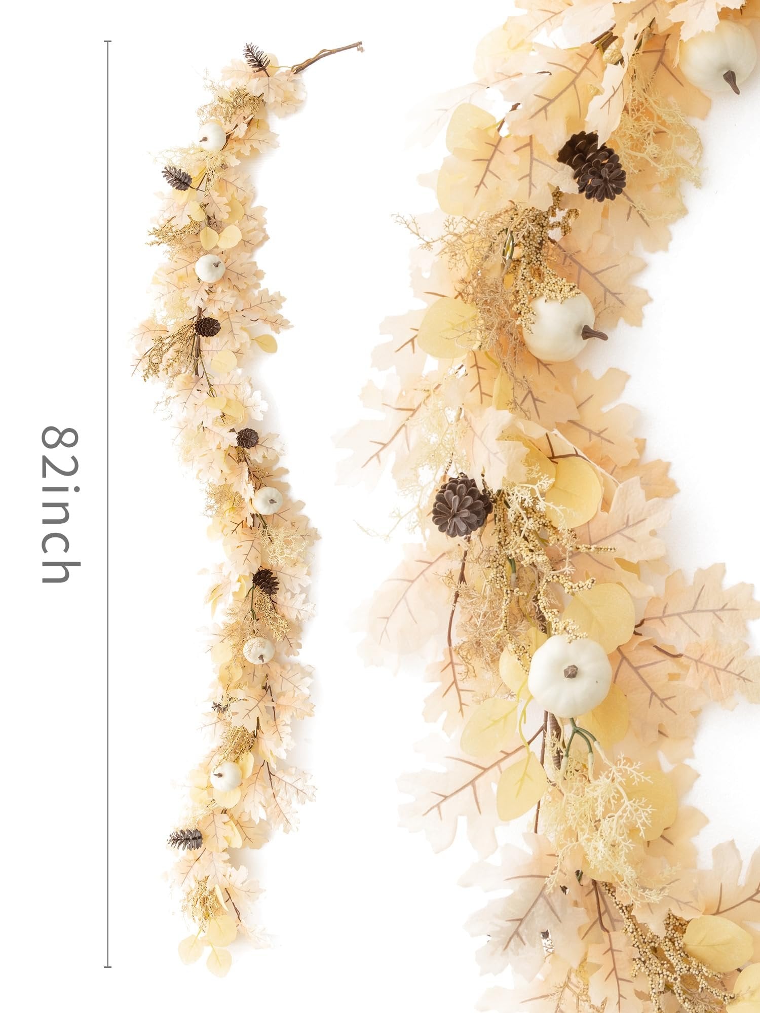 Boho fall garland with artificial beige leaves, white pumpkins, and pinecones on a white background