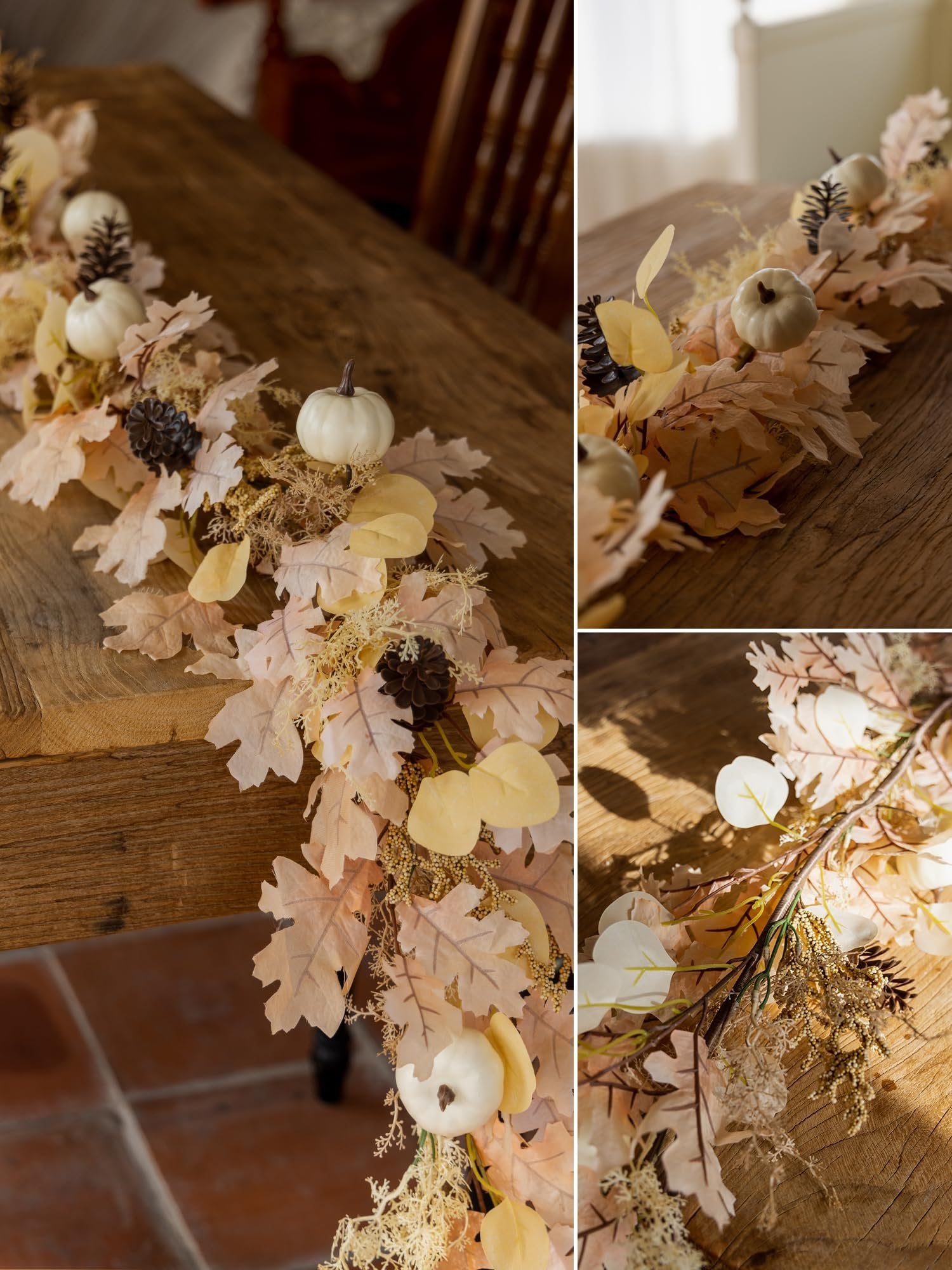 Boho fall garland with artificial pumpkins, pine cones, and maple leaves on a wooden table.