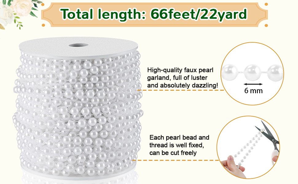 Spool of white faux pearl garland with text overlays detailing length and quality.