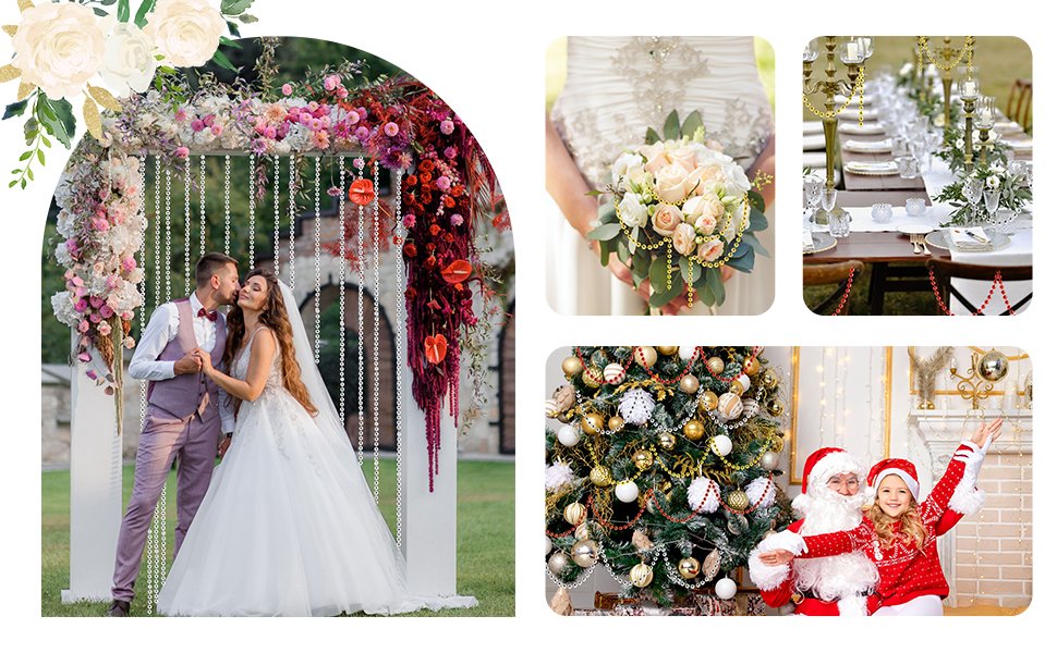 Collage of faux pearl garland used for wedding arch, bouquet, table setting, and Christmas tree decoration.