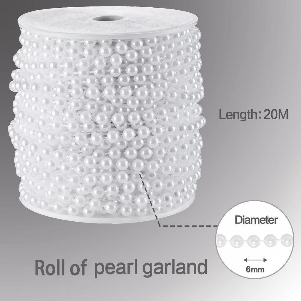 Roll of white faux pearl garland strand on spool, showing diameter and length details