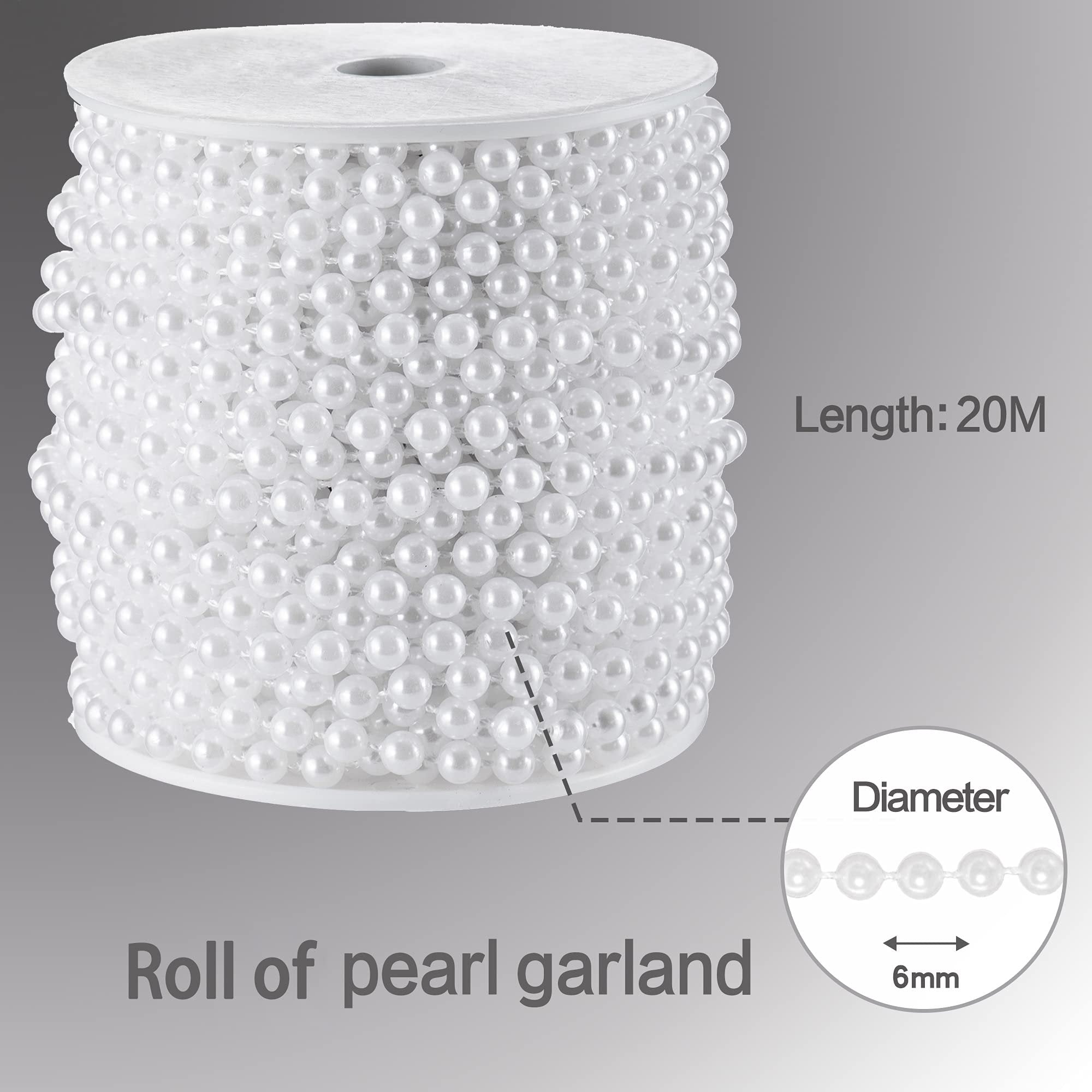 Roll of white faux pearl garland strand on spool, showing diameter and length details