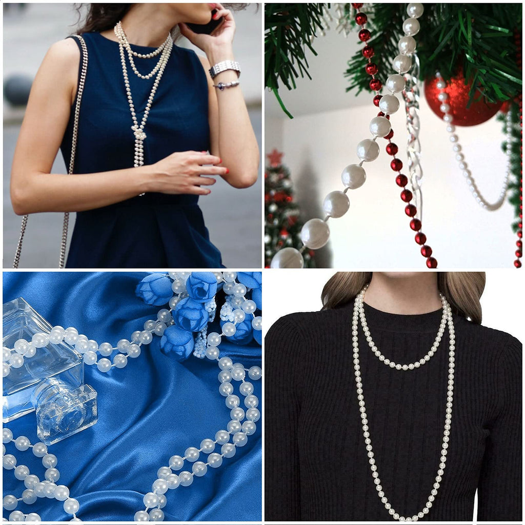 Collage of faux pearl garland strands used as jewelry and Christmas tree decorations.