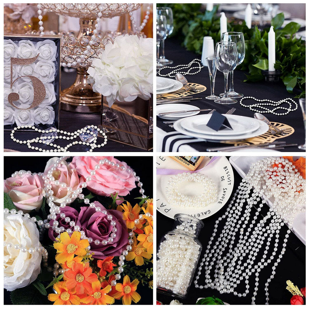 Four images showing white faux pearl garland strands used in wedding and craft decorations.